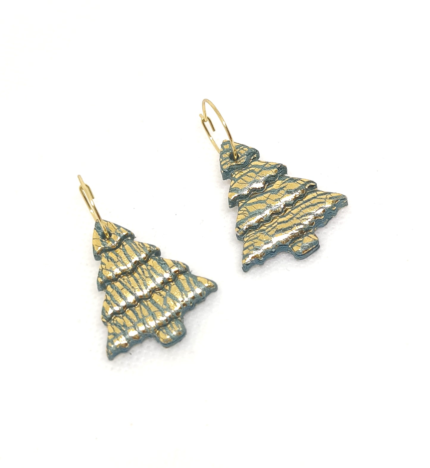 Golden Christmas tree earrings on 18k gold-plated hoops