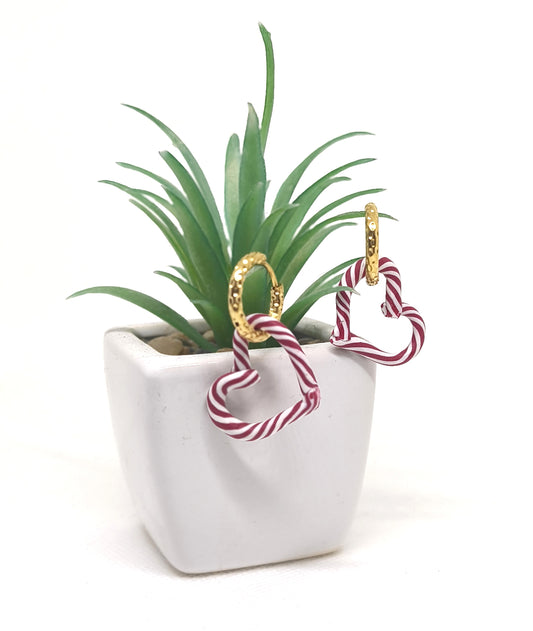 Red and white candy cane heart hoop earrings with 18k gold-plated hoops