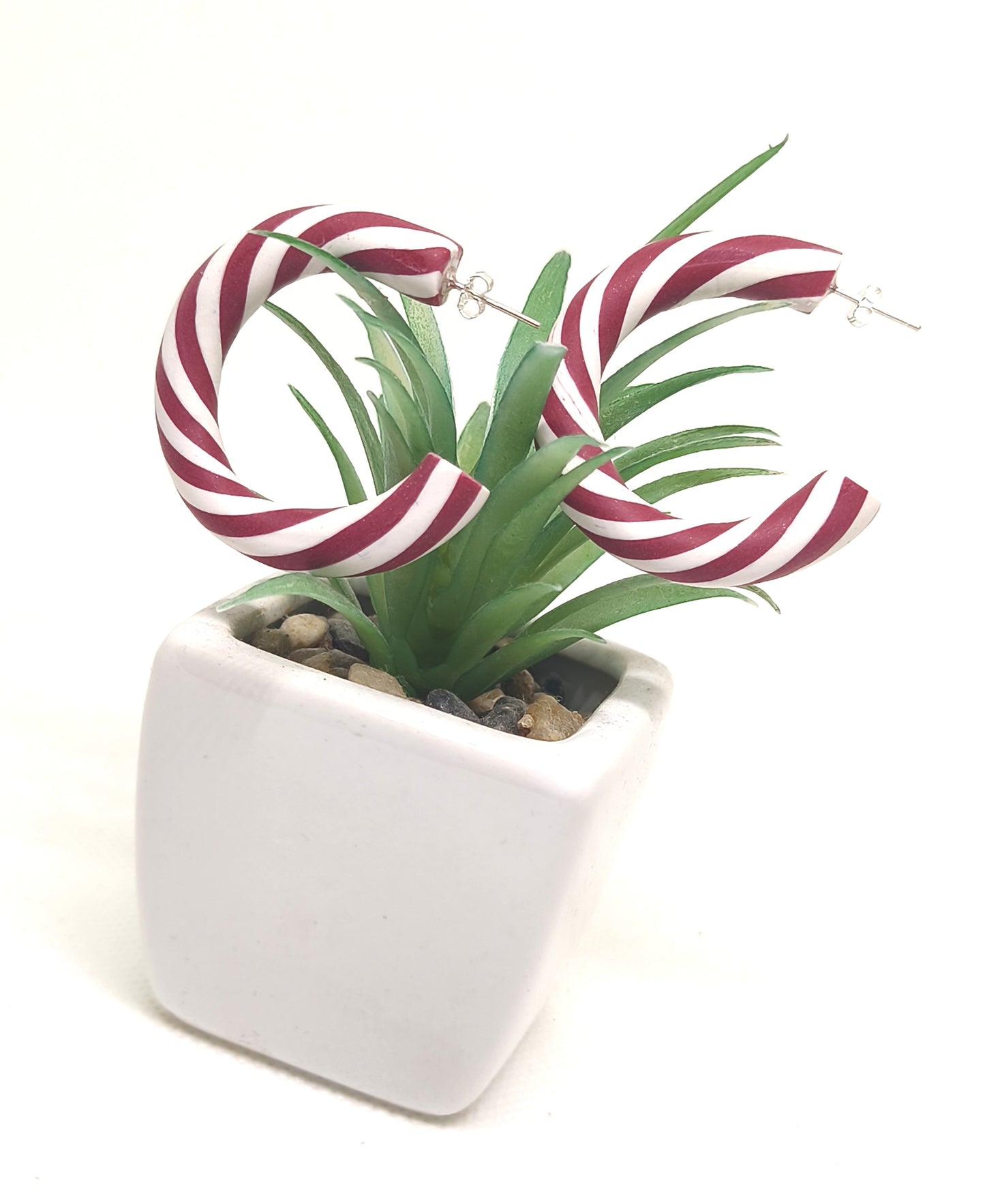 Red and white peppermint swirl hoop earrings with stainless steel studs