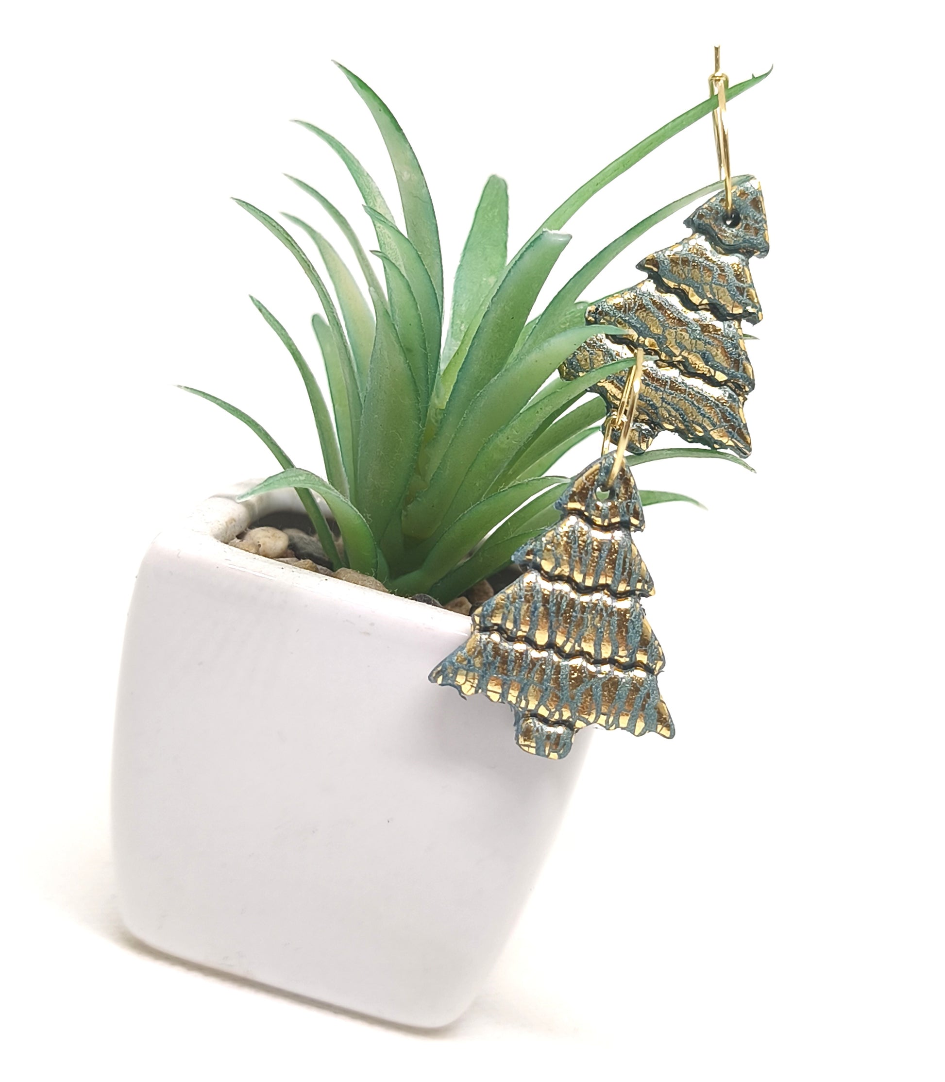 Golden Christmas tree earrings on 18k gold-plated hoops